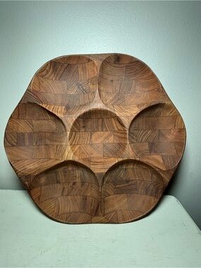 VINTAGE MCM TEAL WOOD DIVIDED LAZY SUSAN made in Hong Kong
